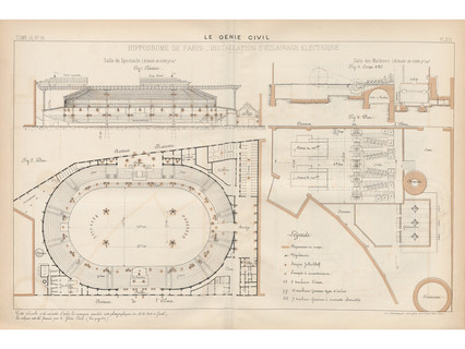 Image of an architectural drawing from 1881 showing electric lighting at Hippodrome de l'Alma in Paris.