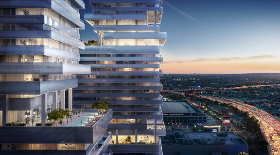 Close up rendering of a multi-story, mixed-use building looking towards downtown Los Angeles