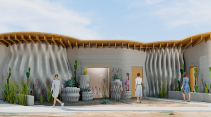 A rendered image showing a horizontal, one-story building with gray, undulating surfaces, cacti in the front, and people walking around