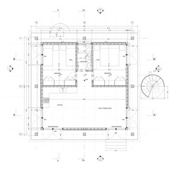 Plan of an ADU design featuring a simple geometric structure that is elevated above grade