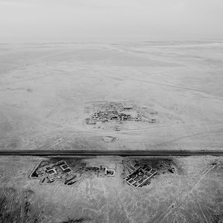 Aerial shot of a building sunken into the ground