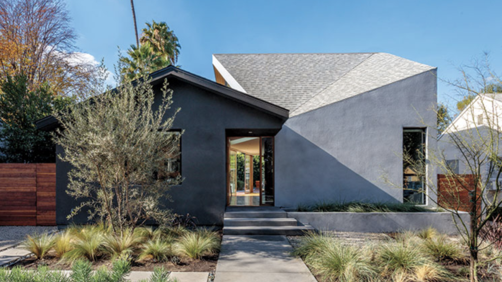 Exterior of a house with an angled facade