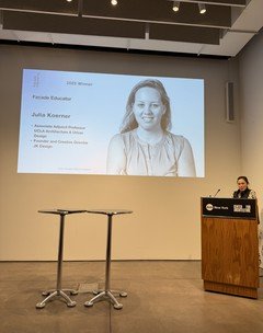 Julia Koerner is announced as Facade Educator winner at the 2025 Vitruvian Awards ceremony in New York on September 18