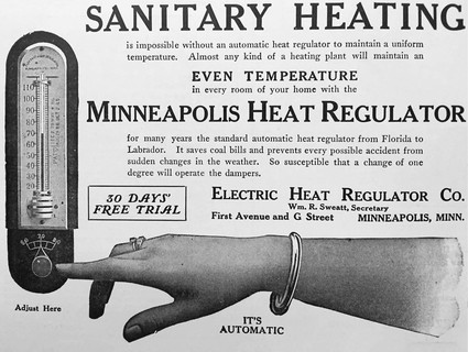 Old fashioned ad for a thermostat showing text and a hand pointing at a thermostat