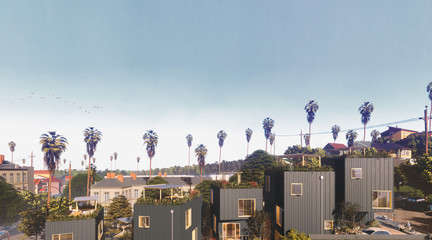 A photo from halfway up a hillside, showing a row of black houses that go up and down the hillside, with a line of palm trees behind them