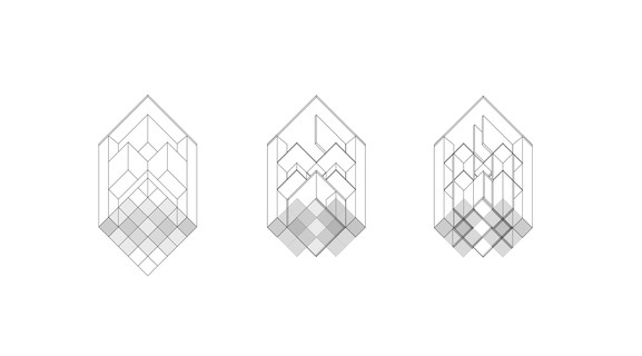 Diagram of three square buildings shown from a worm’s-eye view axonometric