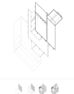 View from underneath the building looking up with smaller diagram below showing the organization of the building in four steps