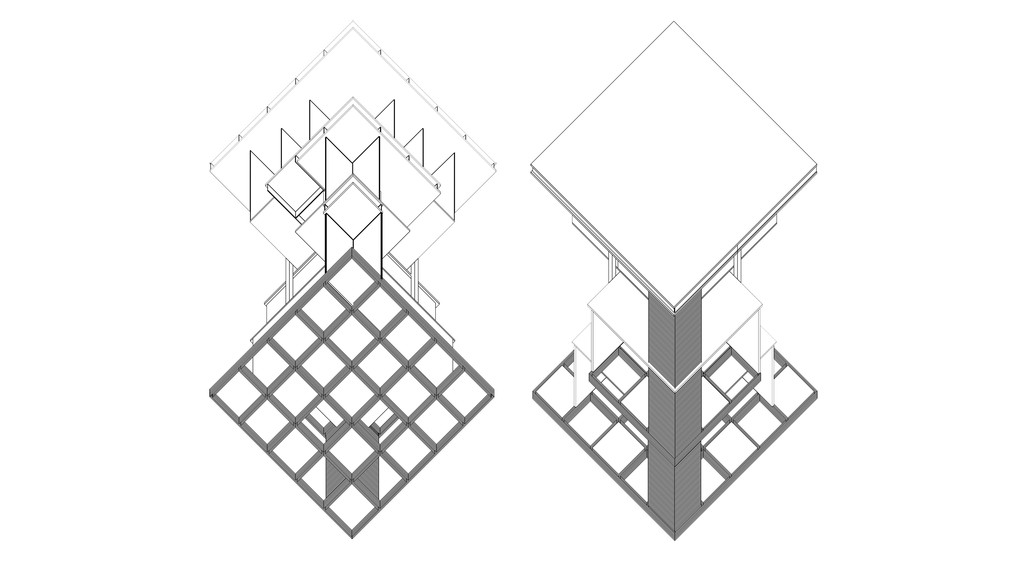 Two three-dimensional axonometric views of the building comprised of squares