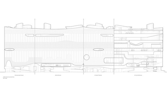 Drawing of an unfolded building with an open pedestrian plaza