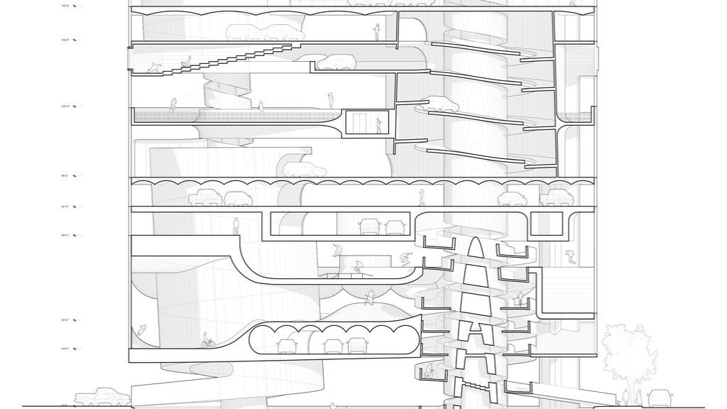 Black and white line-drawing of a building section with bicyclists on ground level and cars scattered throughout.