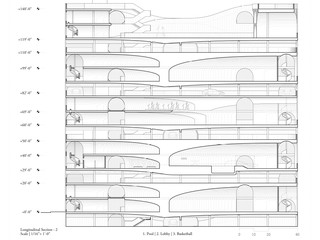 Black and white line drawing with longitudinal section cut through building.