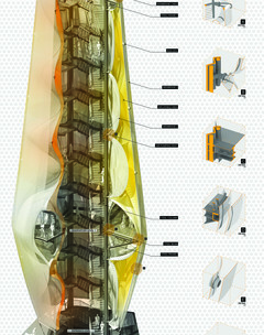 Black and white rendering with yellow tone highlighting the key features