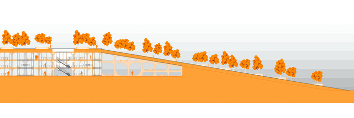 Section cut with yellow tones highlighting cut planes, trees, and human figures.