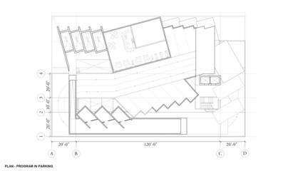 Plan drawing showing program embedded within parking spaces.