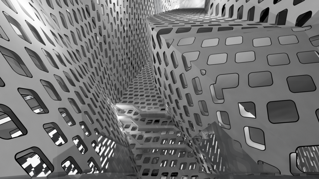 Rendered perspective looking up to the top of an atrium.