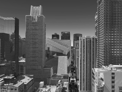 Aerial perspective of building sited in downtown Chicago.