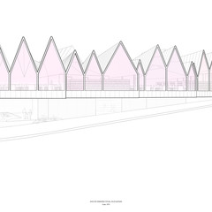 Black and white elevation perspective drawing with pink gradient over windows.