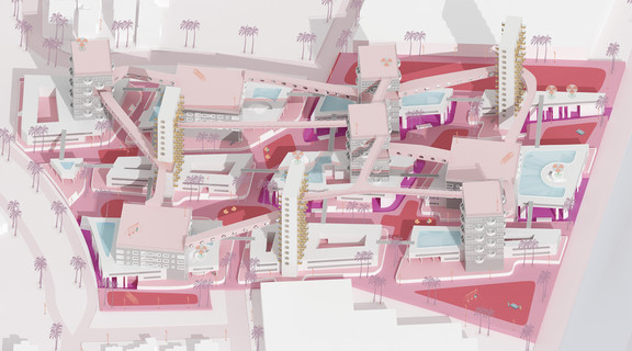 Axonometric rendering from bird’s-eye  zoomed in on project site.