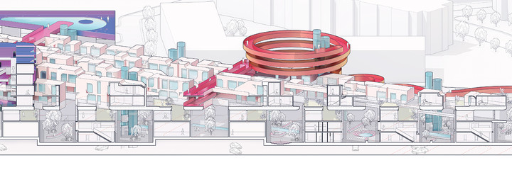 Section drawing of a housing development in Los Angeles.