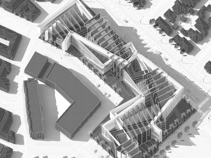 Rendered axonometric projection of a housing development in Los Angeles.