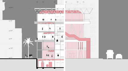 Elevation drawing with section cut through the building on the left half of the image.