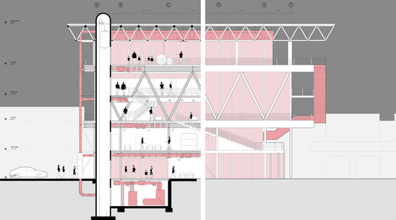 Elevation drawing with section cut through the building on the left half of the image.