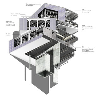 Axonometric project drawn and rendered with sectional cut to describe building systems in detail.