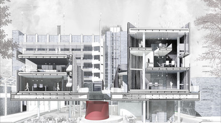 Rendered sectional perspective with building context.