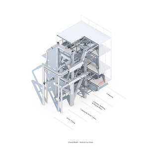 Rendered axonometric projection of a portion of building exposing structure and building systems.