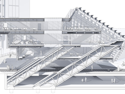 Sectional perspective drawing showing building in its context on UCLA's campus.