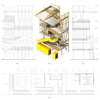 Axonometric project drawn and rendered with sectional cut to describe building systems in detail and detail drawing in elevation and plan.