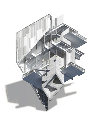 Axonometric project drawn and rendered with sectional cut to describe building systems in detail.