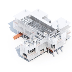 Rendered axonometric projection of building with roof removed to expose structure and building systems.