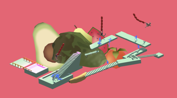 Screenshot from Parkour that shows abstract objects against a bright pink background