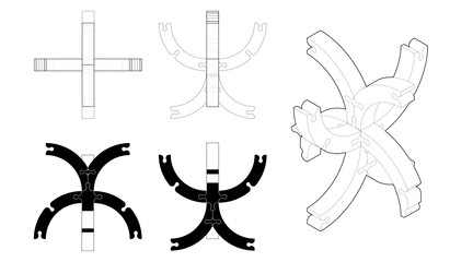 An axonometric view and 4 elevation views with hidden lines of 2 joint units being united by embedded fulcrums