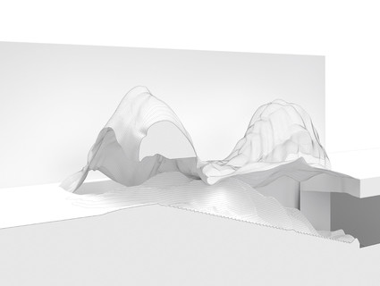 Black line drawing superimposed on a black and white rendering of a section cut through the project from an axonometric view.