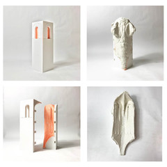 Four photographs of a physical model made of PLA, silicone, and polymer clay.