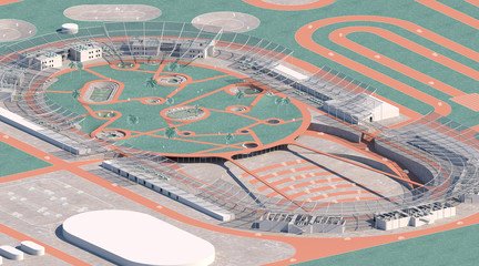 Aerial axonometric rendering show whole building development.