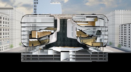 Longitudinal section perspective with atrium in the center.