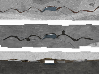 Three rendered drawings. Top, site plan. Middle, plan drawing. Bottom, section drawing.