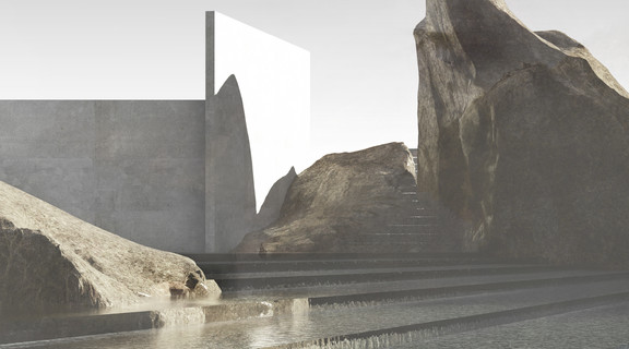 Rendering of memorial and gently cascading water apparatus.