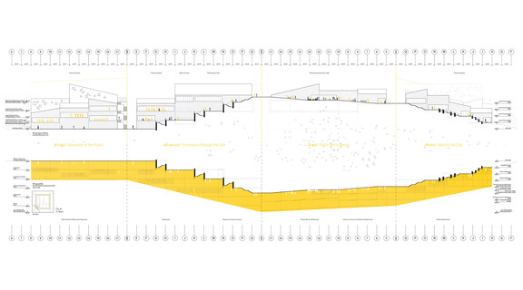 Unfolded elevation drawing related to a yellow diagram related to programming below.