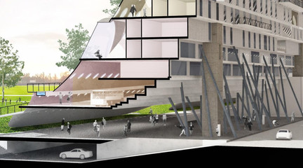 Digital rendering with sectional cut through the building