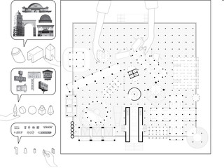 Cartoon of process of developing a kit of parts for a museum