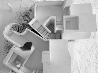 Aerial (plan) view black and white photograph of physical model