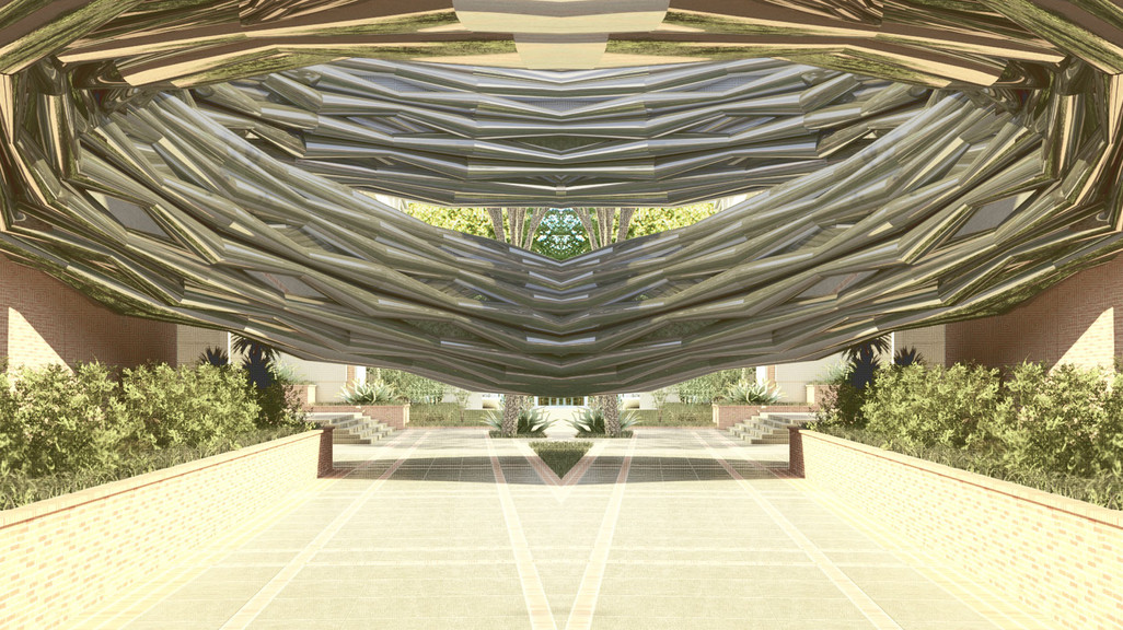 Mirrored rendering of pavilion on UCLA campus.