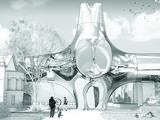 Rendered perspective of building on UCLA campus.