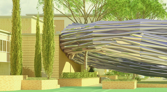 Rendered perspective of building within its cmapus context.