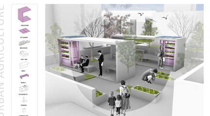 Rendered perspective of the Sunset Village Terrace with diagram describing various components.