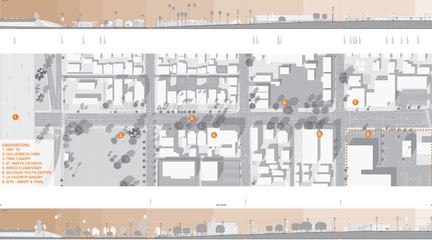 Site plan drawing and two site elevation drawings.